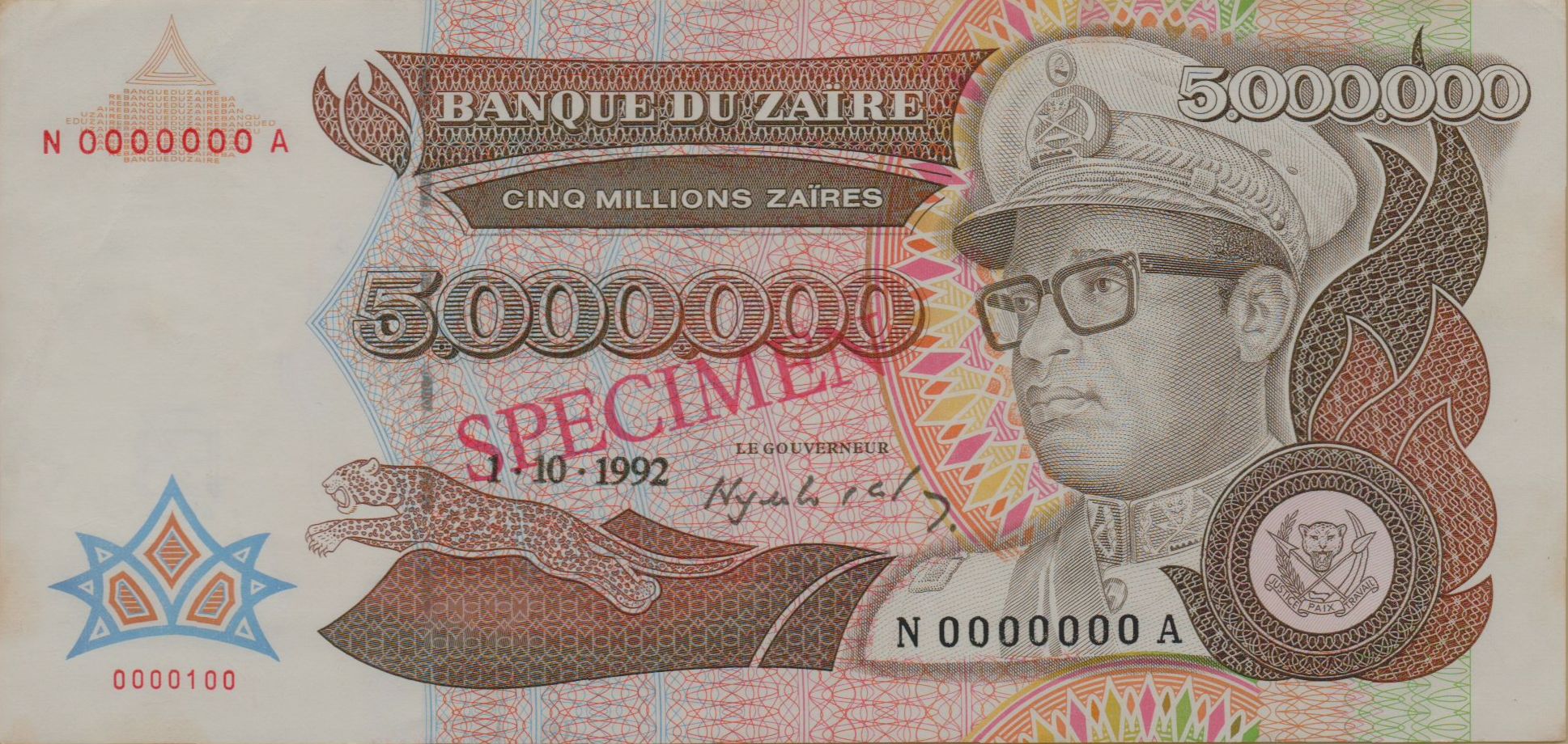 Zaire 5000000 1992 aUNC P-46/s [Specimen & Serial#000100]